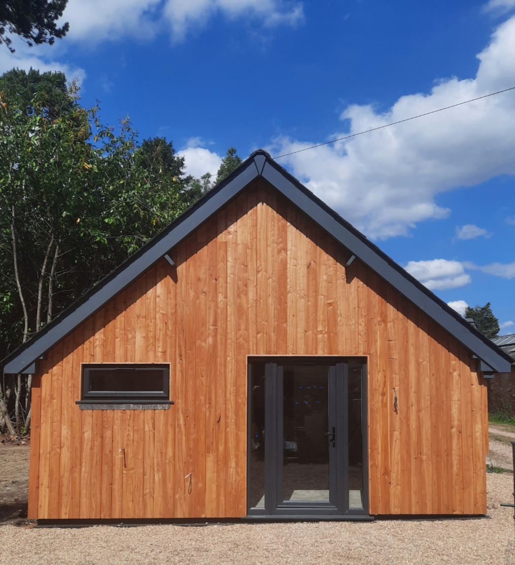 Slate-roofed timber cabin